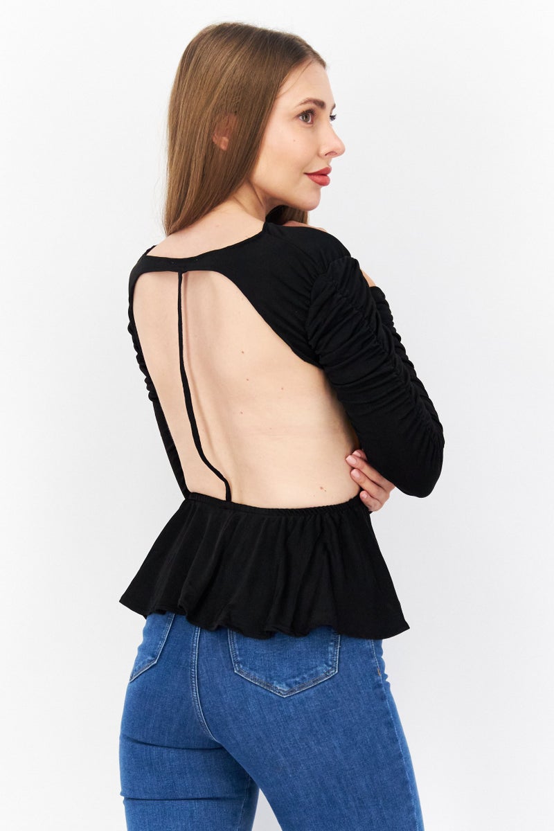 NA-KD Women V Neck Ruched Cutoff Back Long Sleeve Top, Black - Image 4