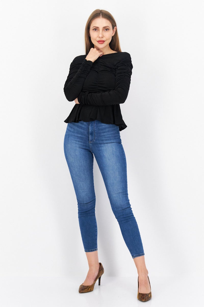 NA-KD Women V Neck Ruched Cutoff Back Long Sleeve Top, Black - Image 2