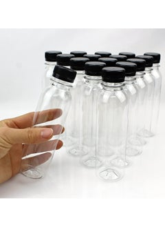 Generic Pack of 12 clear juice bottles, 197*28 round empty reusable plastic bottles with black cap.  - Image 1