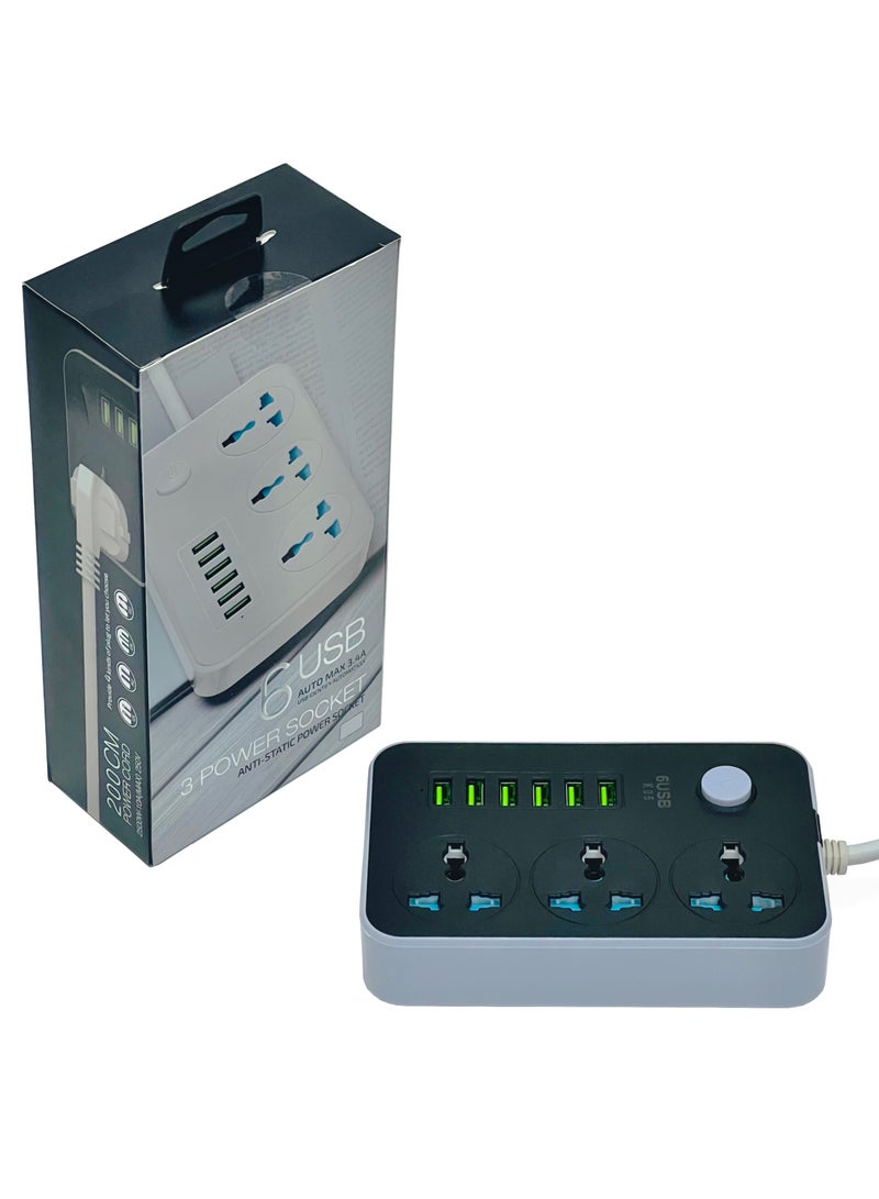 Anti-Static 3 Power Socket 2500W 10A Max 250V 6 USB Ports Auto Max 3.4A 17W Output with 6Ft Extension Cord Cable - Image 2