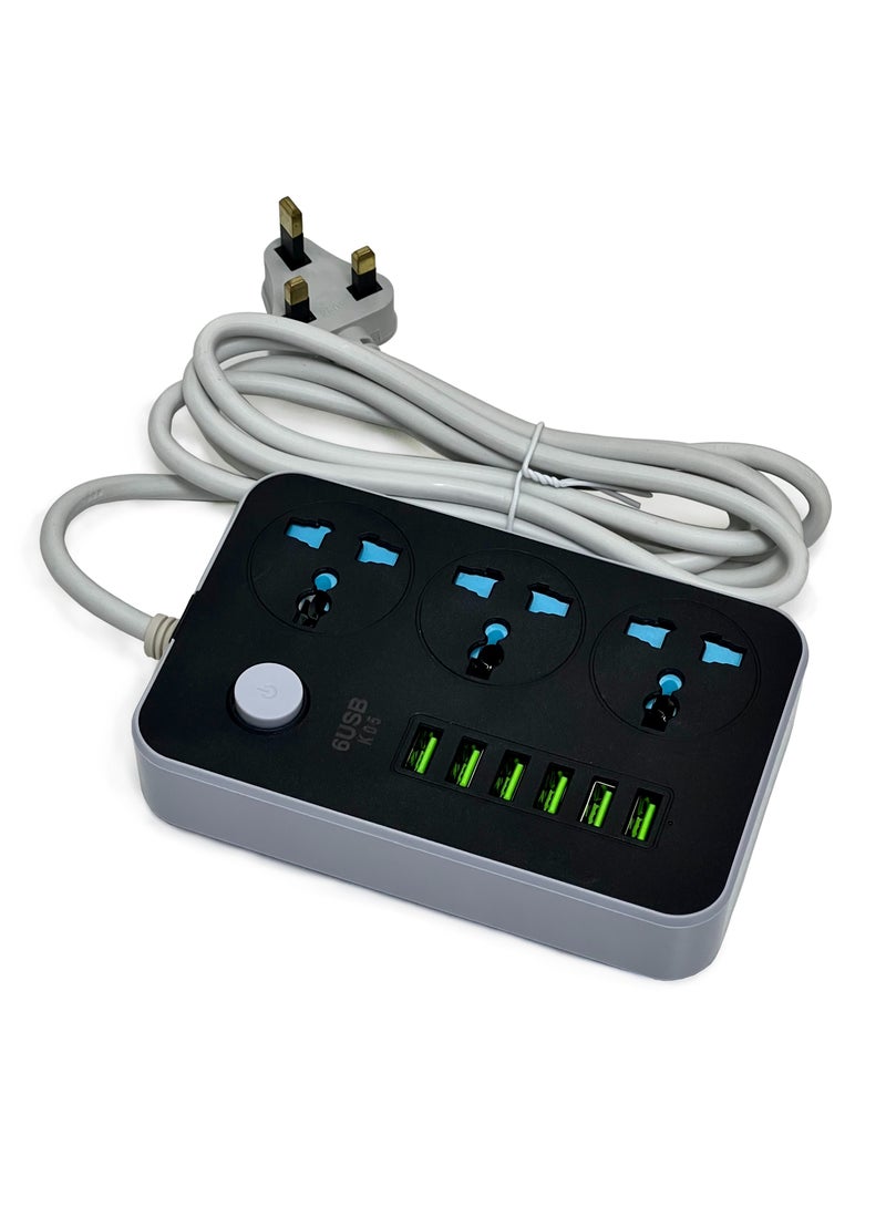 Anti-Static 3 Power Socket 2500W 10A Max 250V 6 USB Ports Auto Max 3.4A 17W Output with 6Ft Extension Cord Cable - Image 4