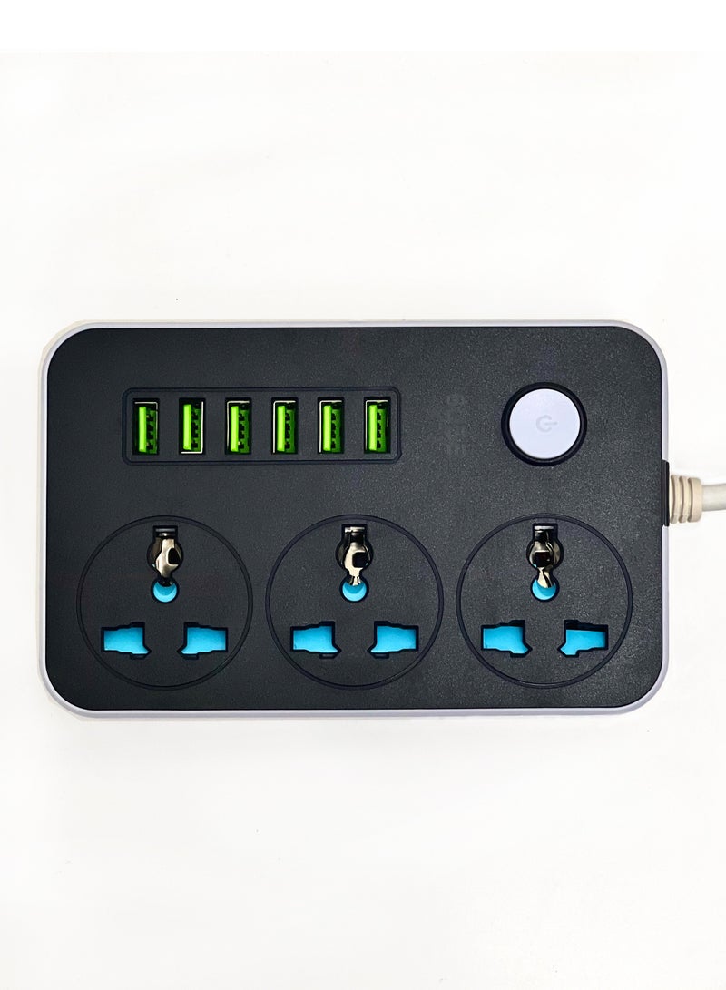 Anti-Static 3 Power Socket 2500W 10A Max 250V 6 USB Ports Auto Max 3.4A 17W Output with 6Ft Extension Cord Cable - Image 1