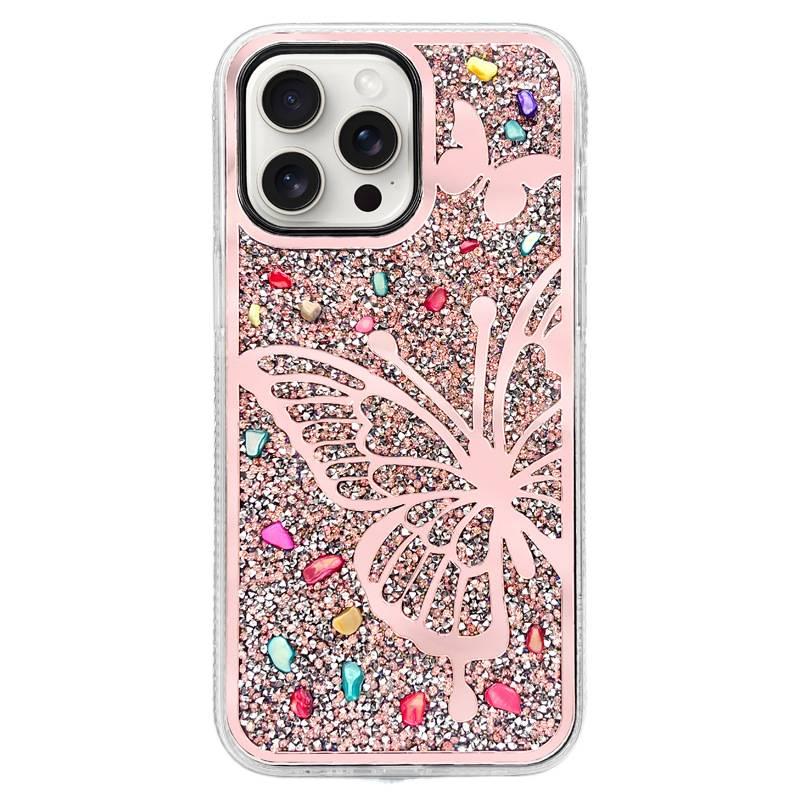 MS غطاء واقي بCrystal لـ iPhone 11 مع فراشة لامعة وسطح مرآة مع كريستال راينستون مع مقاوم للخدش باللون وردي مع مرآة بتفاصيل مرصعة باللون الوردي - Image 1