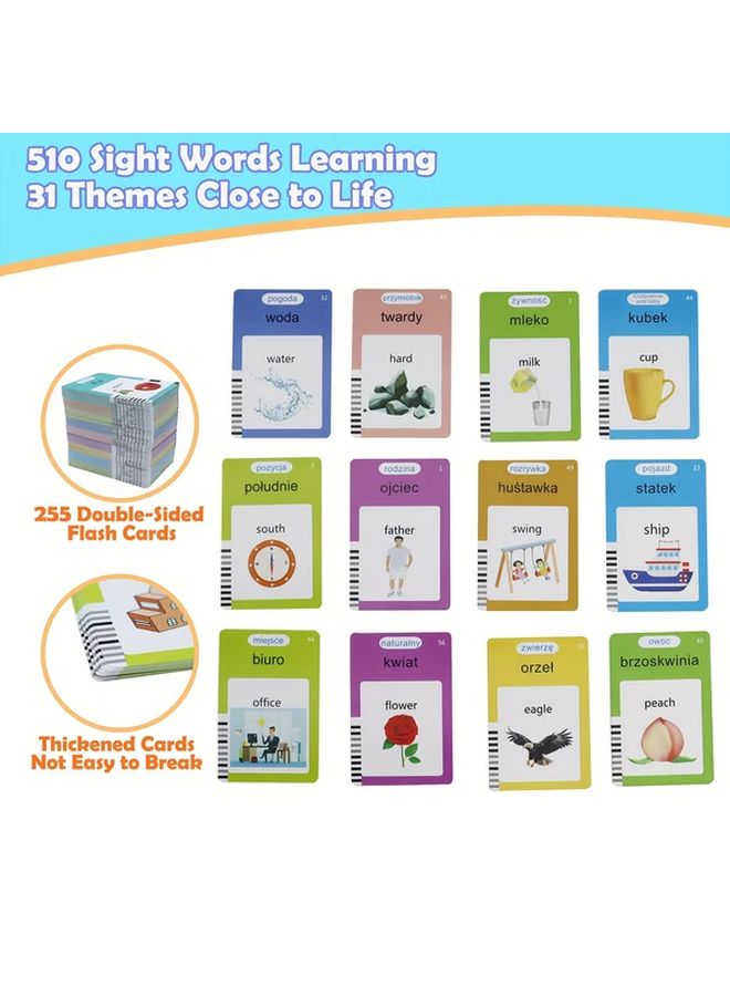 البطاقات التعليمية الناطقة ثنائية اللغة البولندية الإنجليزية 510 كلمات 255 بطاقة وردية لعبة حسية هدية - Image 3