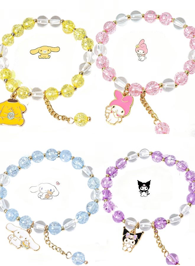 Sanrio 4 Pieces Crystal Bracelets Cartoon Pendant Kawaii Sanrio Pearl Cute Cartoon Elastic Beaded Bracelets Cartoon Themed Pendant Bracelets Gift for Teen Girls Kids - Image 1
