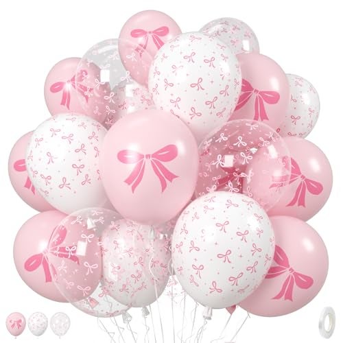 Govpy Pink Bow Balloons 35PCS Light Pastel Pink Clear White Bow Latex Balloon for Girls Women Wedding Bridal Baby Shower Bachelorette Engagement Princess Coquette Birthday Theme Party Decorations Supplies - Image 1