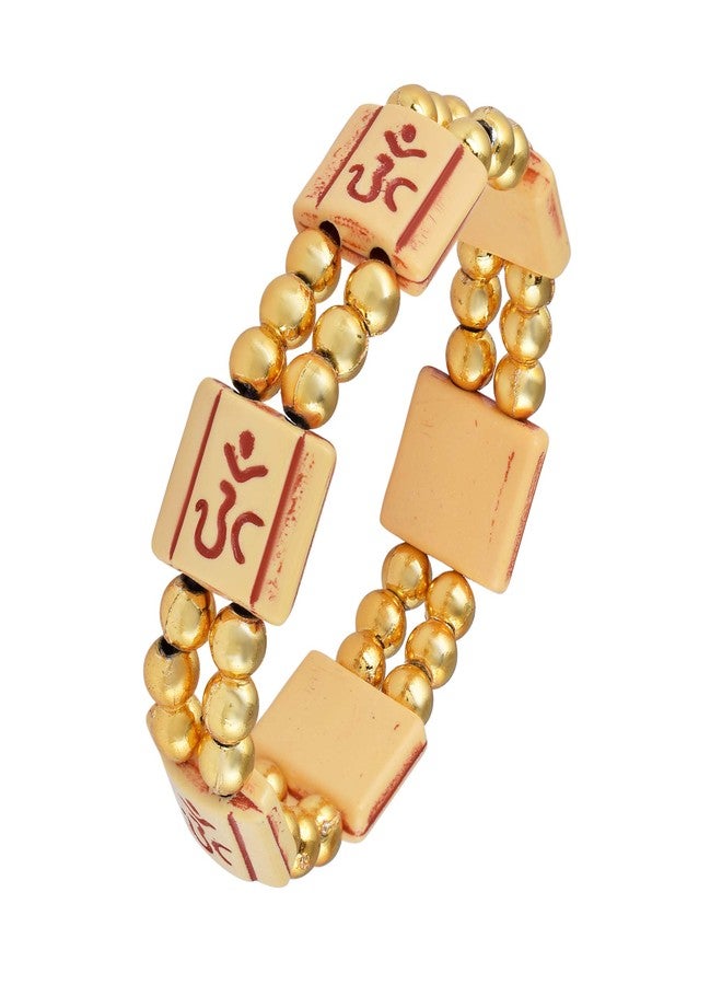 Memoir Gold plated and Wooden beads Om elastic stretch bracelet Men Women Hindu temple jewellery - Image 2
