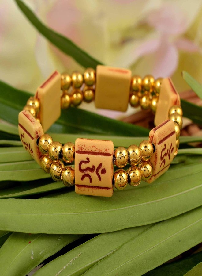 Memoir Gold plated and Wooden beads Om elastic stretch bracelet Men Women Hindu temple jewellery - Image 5