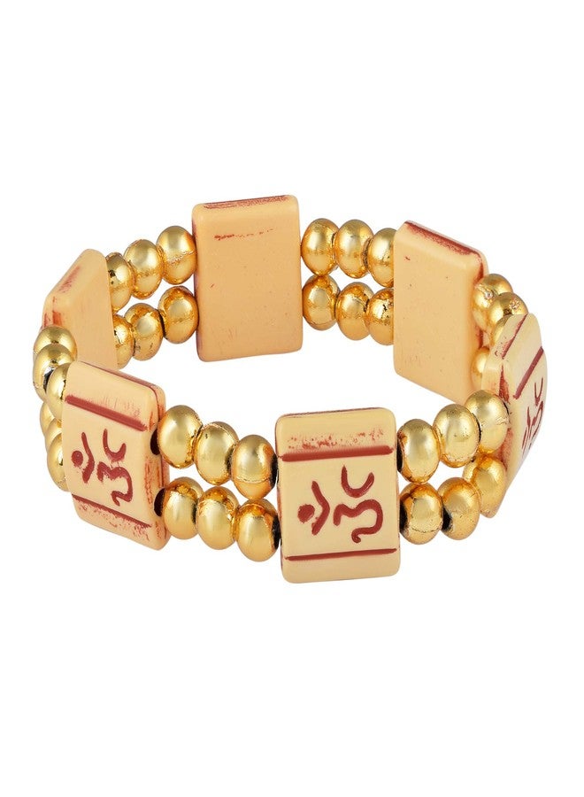 Memoir Gold plated and Wooden beads Om elastic stretch bracelet Men Women Hindu temple jewellery - Image 1