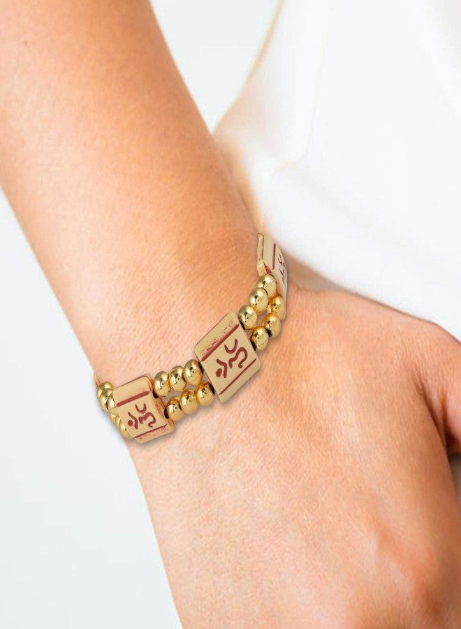 Memoir Gold plated and Wooden beads Om elastic stretch bracelet Men Women Hindu temple jewellery - Image 4