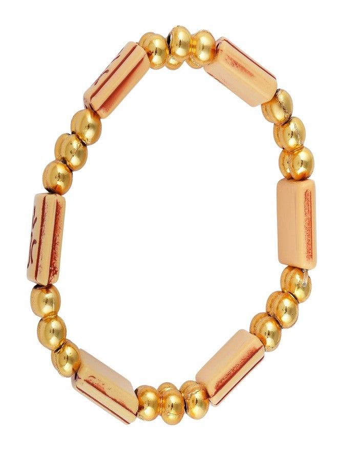 Memoir Gold plated and Wooden beads Om elastic stretch bracelet Men Women Hindu temple jewellery - Image 3