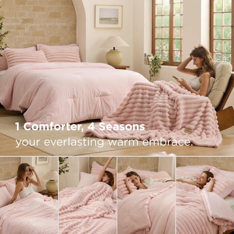 Bedsure Gentlesoftâ„¢ 2-in-1 King Size Comforter Set and Detachable Fluffy Blanket, Pink Bedding Set for All Season Use, SnapTechâ„¢ Design for Space Saving (Includes 2 Pillow Shams, 2 Pillowcases) - Image 2
