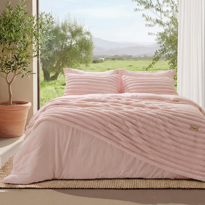Bedsure Gentlesoftâ„¢ 2-in-1 King Size Comforter Set and Detachable Fluffy Blanket, Pink Bedding Set for All Season Use, SnapTechâ„¢ Design for Space Saving (Includes 2 Pillow Shams, 2 Pillowcases) - Image 1