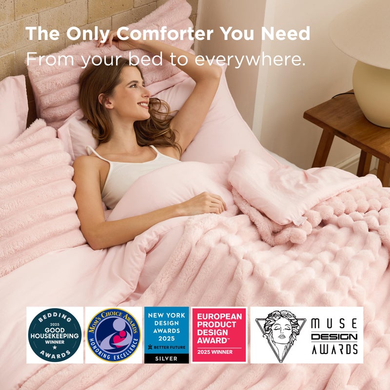 Bedsure Gentlesoftâ„¢ 2-in-1 King Size Comforter Set and Detachable Fluffy Blanket, Pink Bedding Set for All Season Use, SnapTechâ„¢ Design for Space Saving (Includes 2 Pillow Shams, 2 Pillowcases) - Image 3