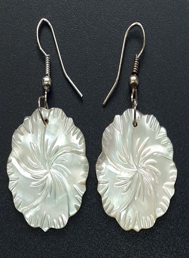 Swimmi Natural Mother of Pearl Earrings, Hand Carved Flower Mother of Pearl Shell Earrings for Women, Dangle Drop Handmade Seashell Earrings Fashion Jewelry AA205 - Image 2