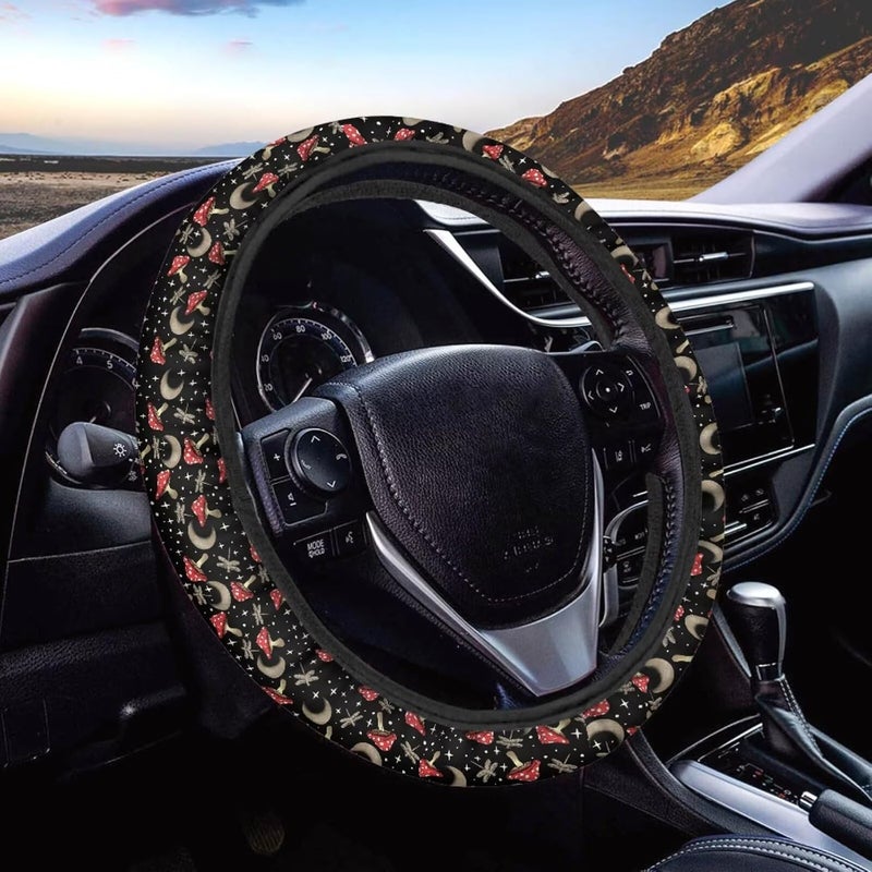 Universal Steering Wheel Cover, 15-inch Non-Slip Driving Accessories, Polyester for Car & Truck(Night Dragonfly Mushroom) - Image 1
