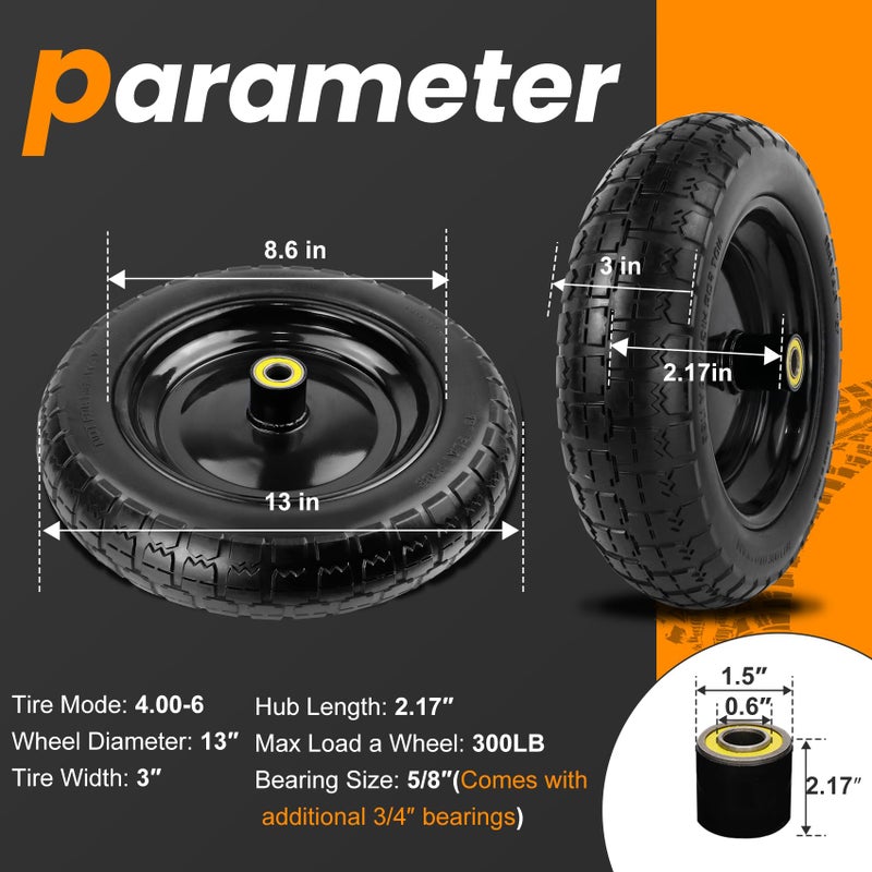 Pontuss 13" Flat Free Wheels Replacement for GOR Garden Cart Tires, 4.00-6 Solid Tires with 5/8"Bearings, 13" No Flat Wheels for GOR Garden Carts/Hand Trucks/Garden Carts - Image 2