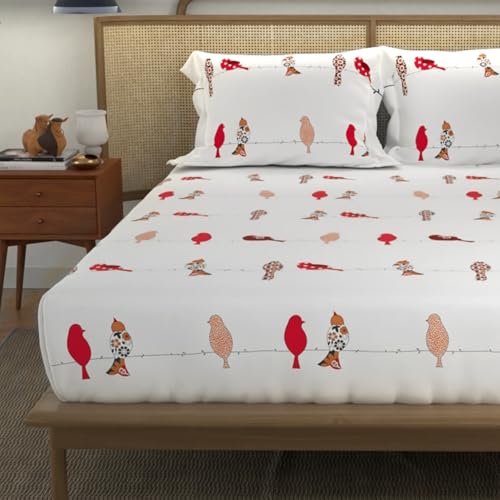 Urban Space Divine Collection 144 TC 100% Cotton King Bedsheet with 2 Pillow Covers, Humming Bird Red - Image 1