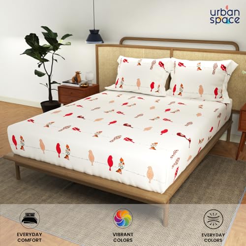 Urban Space Divine Collection 144 TC 100% Cotton King Bedsheet with 2 Pillow Covers, Humming Bird Red - Image 4