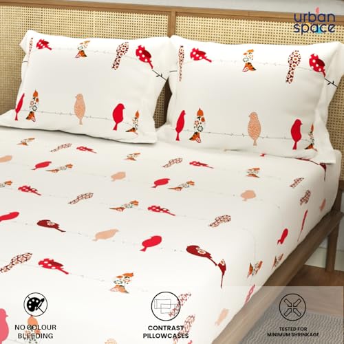 Urban Space Divine Collection 144 TC 100% Cotton King Bedsheet with 2 Pillow Covers, Humming Bird Red - Image 3