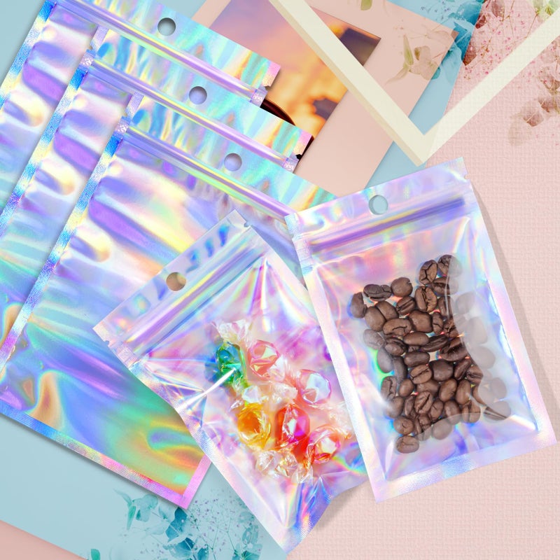 Funfery 100 pcs Mylar Holographic Bags Packaging Bags,Clear Resealable Smell Proof Bag Foil Pouch Bag for Party Favor,Food Storage Baggies Packaging for Small Business(3x4.7in,Holographic) - Image 4