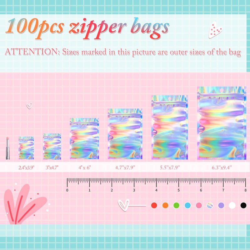 Funfery 100 pcs Mylar Holographic Bags Packaging Bags,Clear Resealable Smell Proof Bag Foil Pouch Bag for Party Favor,Food Storage Baggies Packaging for Small Business(3x4.7in,Holographic) - Image 3
