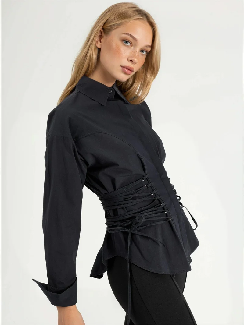 Qustyle QU STYLE Fitted Poplin Shirt with Tie Detail