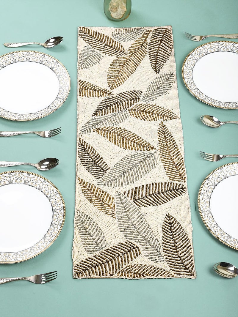AIVIK Premium Handcrafted Beautiful Beaded Dinning Table Runner 1336 Recatngle Beige Gloden Leaf Desgin