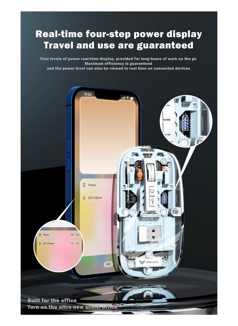 UNBLACK UNBLACK Wireless Mouse Crystal Transparent, Gaming Adjustable DPI, Triple 2.4G Mode Switching Bluetooth 2, Rechargeable digital display Silent Mouse for PC Laptops Mac iPhone Android - Grey  - Image 3