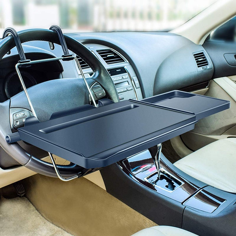 Xergur 2 in 1 Car Steering Wheel Tray / Back Seat Headrest Tray for Eating Food Drink and Writing Laptop Work, XERGUR Black Car Desk - Image 1