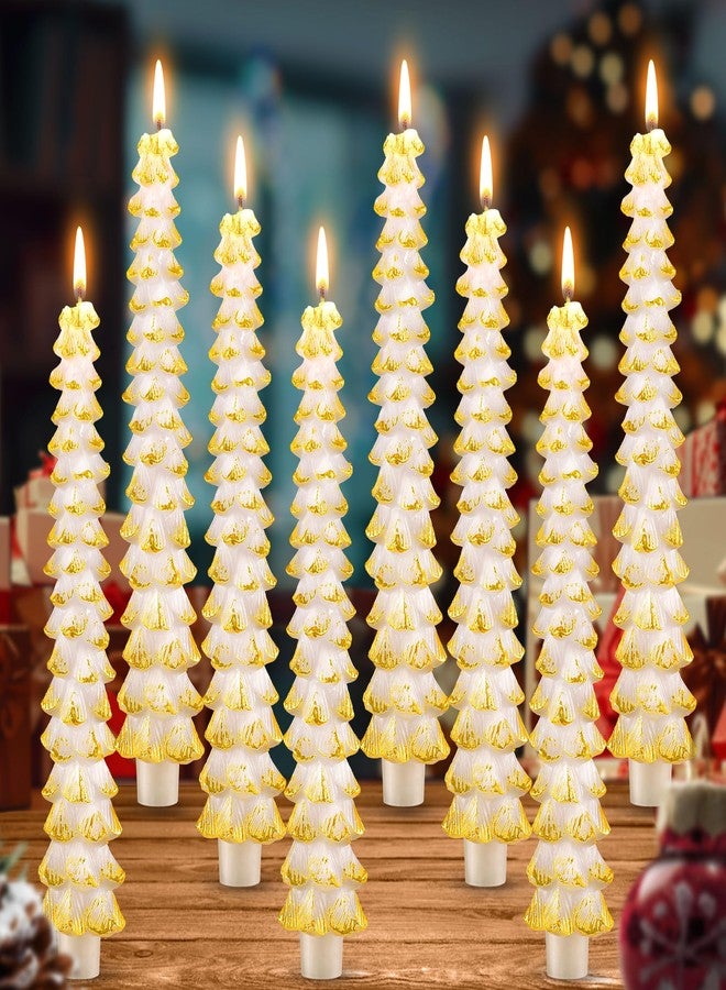 Ceoighe 8 Pack Christmas Tree Candles, 10 Inch Pure Beeswax Christmas Tree Shaped Taper Candles for Xmas Holiday Decor, Advent Party Banquet Centerpiece Decoration(White with Gold Trim) - Image 1