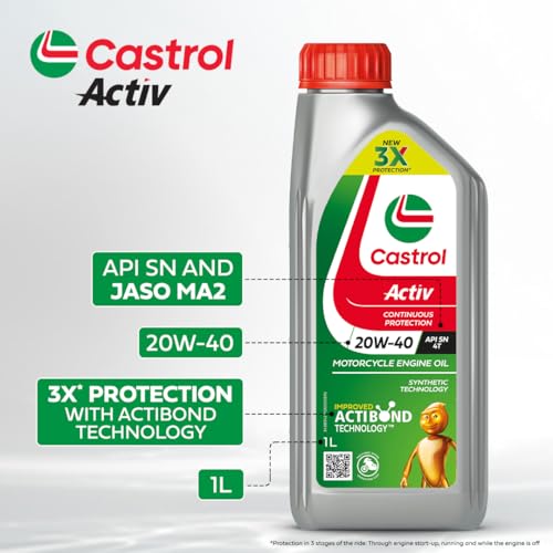 Castrol Activ 20W-40 4T Engine Oil for Bikes with Synthetic Technology (1L) |3X Protection with Actibond Technology | Engine Protection for Bikes | API SN and JASO MA2 - Image 3