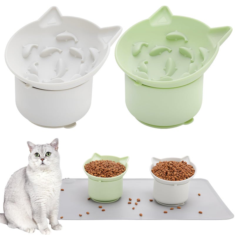 Guiqulai 2 Pack Gray, Green Slow Feeder for Cat Bowls, Silicone Tilted Raised Pet Bowl with Non Slip Base for Digestion Anti Vomit - Image 1