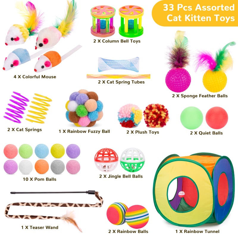 Retro Shaw Cat Toys Pack 33Pcs, Interactive Kitten Toys for Indoor Cats Kitty with Collapsible Play Tunnel Tent, Feather Teaser Wand Bell Balls Springs Mouse Toys for Boredom Relief & Exercise - Image 2