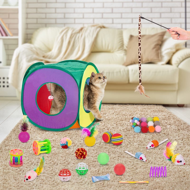 Retro Shaw Cat Toys Pack 33Pcs, Interactive Kitten Toys for Indoor Cats Kitty with Collapsible Play Tunnel Tent, Feather Teaser Wand Bell Balls Springs Mouse Toys for Boredom Relief & Exercise - Image 4