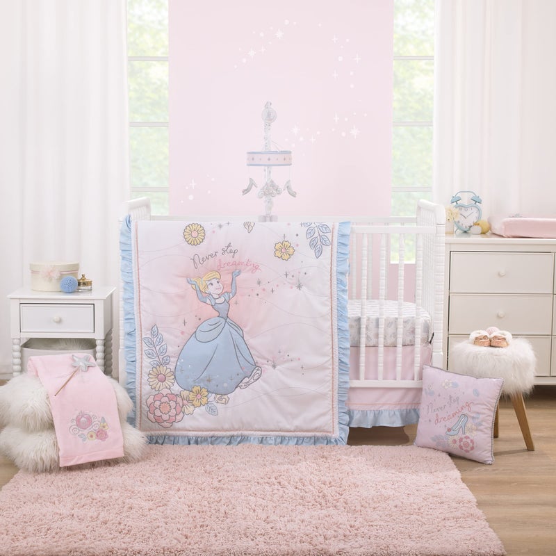 NoJo NOJO Disney Sweet Princess Light Blue Pink and White Cinderella 3 Piece Nursery Crib Bedding Set Comforter 100 Cotton Fitted Crib Sheet and Crib Skirt 