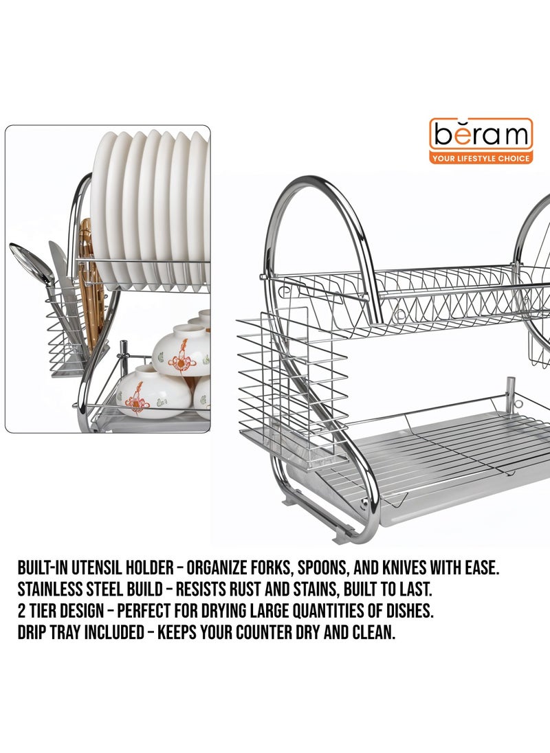 Stainless Steel Dish Rack, Kitchen Organizer, Double-Layer Utensils Stand, Large Capacity, Anti-Slip Mat, Dish Drain Racks, Detachable Dry Basket, Silver
