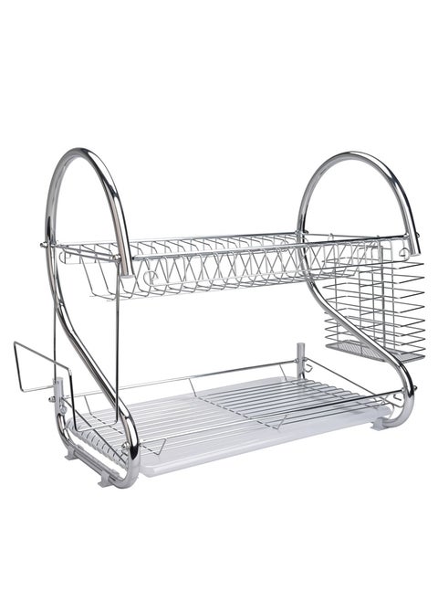 Stainless Steel Dish Rack, Kitchen Organizer, Double-Layer Utensils Stand, Large Capacity, Anti-Slip Mat, Dish Drain Racks, Detachable Dry Basket, Silver