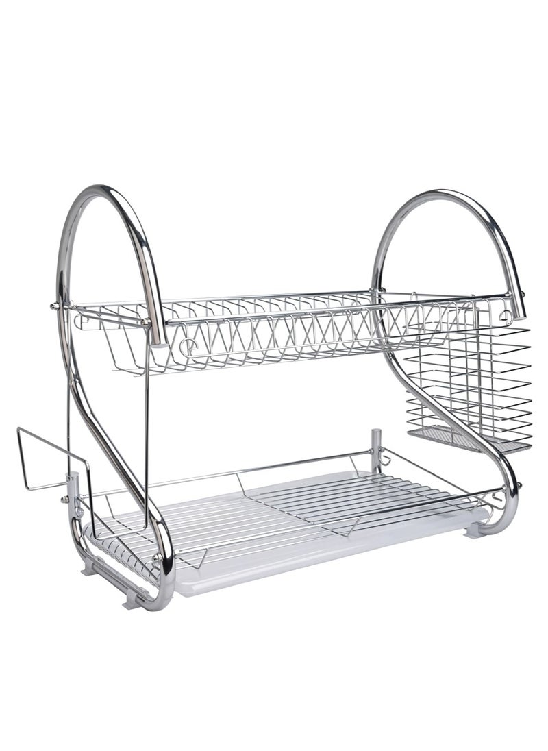 Stainless Steel Dish Rack, Kitchen Organizer, Double-Layer Utensils Stand, Large Capacity, Anti-Slip Mat, Dish Drain Racks, Detachable Dry Basket, Silver