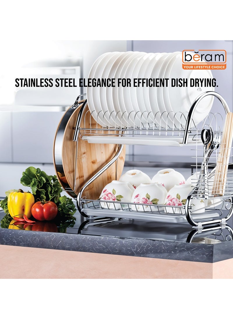 Stainless Steel Dish Rack, Kitchen Organizer, Double-Layer Utensils Stand, Large Capacity, Anti-Slip Mat, Dish Drain Racks, Detachable Dry Basket, Silver