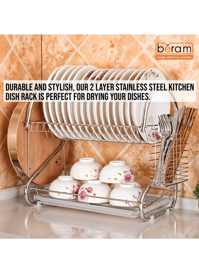 Stainless Steel Dish Rack, Kitchen Organizer, Double-Layer Utensils Stand, Large Capacity, Anti-Slip Mat, Dish Drain Racks, Detachable Dry Basket, Silver