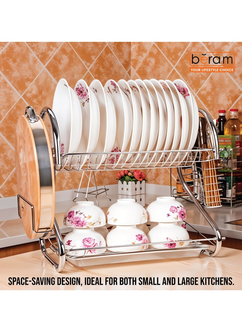 Stainless Steel Dish Rack, Kitchen Organizer, Double-Layer Utensils Stand, Large Capacity, Anti-Slip Mat, Dish Drain Racks, Detachable Dry Basket, Silver