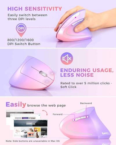 Lekvey Ergonomic Mouse, Vertical Wireless Mouse Rechargeable 2.4 GHz Optical Carpal Tunnel Mouse : 800/1200/1600 DPI, 6 Buttons, for Laptop, PC, Mac, Computer, Desktop, Notebook etc, Pink to Purple - Image 5