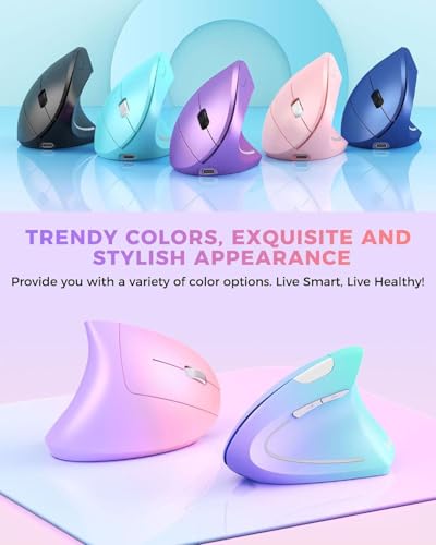 Lekvey Ergonomic Mouse, Vertical Wireless Mouse Rechargeable 2.4 GHz Optical Carpal Tunnel Mouse : 800/1200/1600 DPI, 6 Buttons, for Laptop, PC, Mac, Computer, Desktop, Notebook etc, Pink to Purple - Image 2
