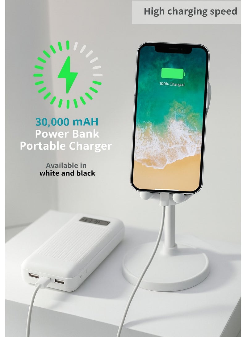 30,000mAh Portable Power Bank with 2 USB Outputs (5V+2.1A) and Type-C Output (5V+2.1A) – Simultaneously Charge Smartphones, Tablets, Gaming Devices, Bluetooth Gadgets, and More – Compact and Travel-Friendly Design for On-the-Go Power – white - Image 1