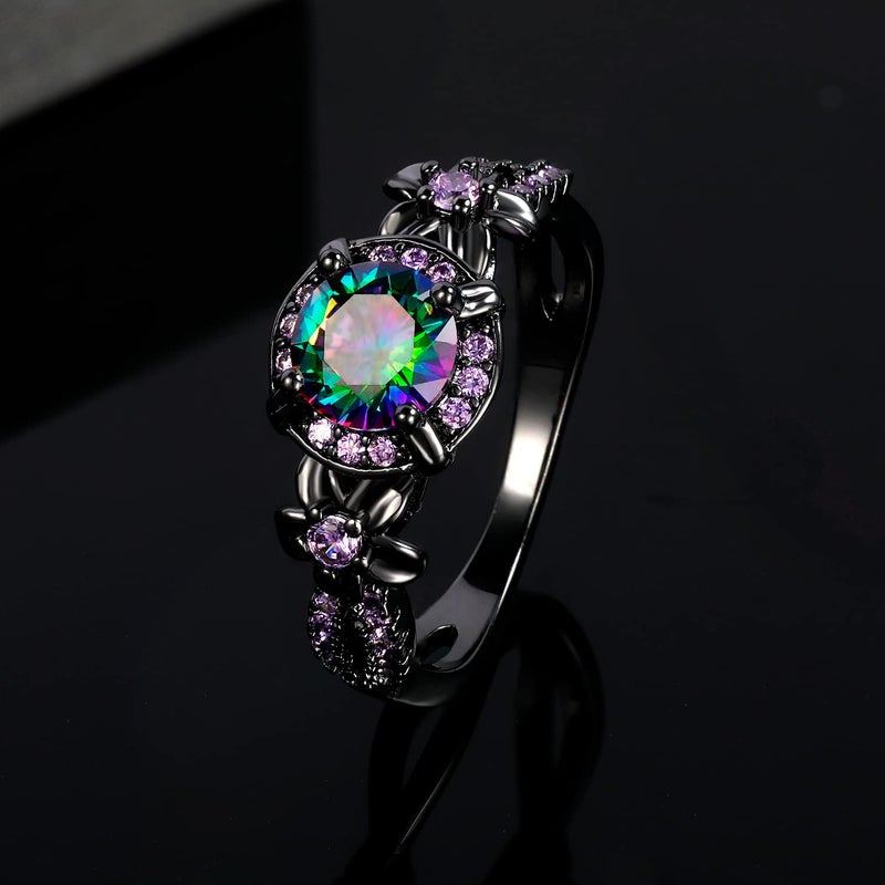 VOLUKA Women Eternity Rings 18K Black Gold Plated Rainbow CZ Created Amethyst Gemstone Wedding Engagement Band for Bride Dainty Jewelry Gifts (9) - Image 5