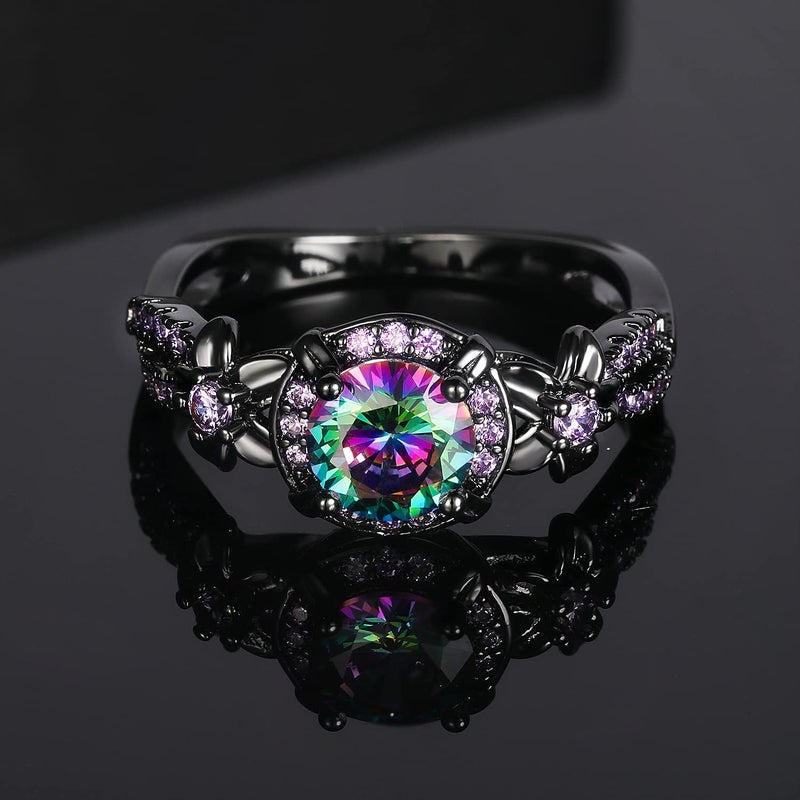 VOLUKA Women Eternity Rings 18K Black Gold Plated Rainbow CZ Created Amethyst Gemstone Wedding Engagement Band for Bride Dainty Jewelry Gifts (9) - Image 4