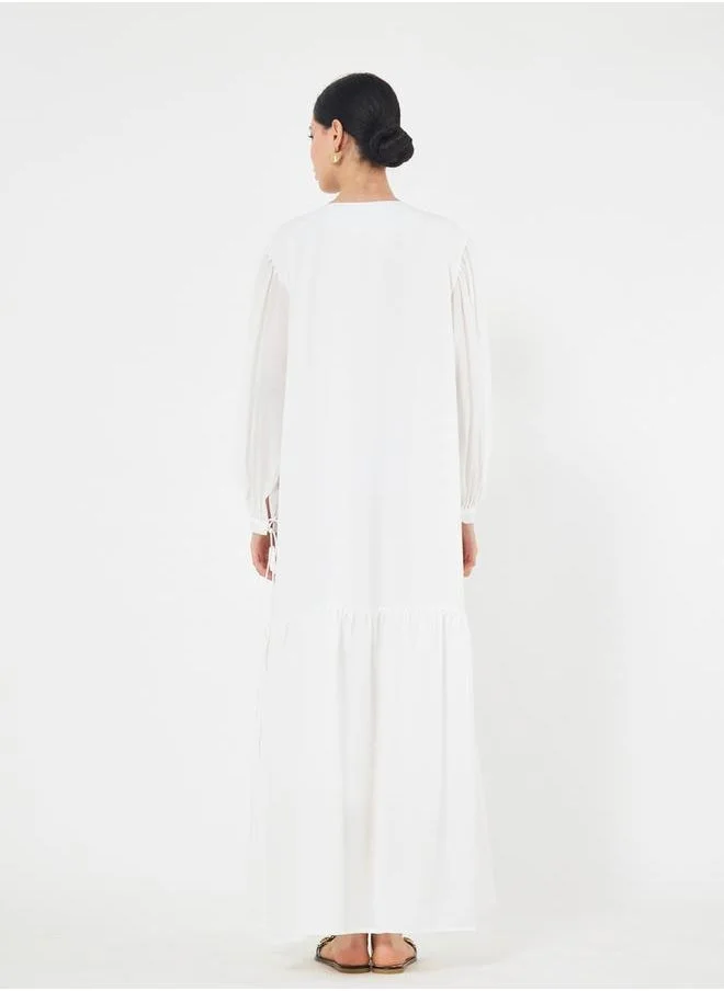 هاوس اوف مودا Solid Tie-Up Neck Maxi Dress with Balloon Sleeves by Styli
