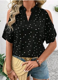 Shein SHEIN LUNE Spring Break Tops Spring Heart Print Black Open Shoulder Blouse For Women  - Image 1