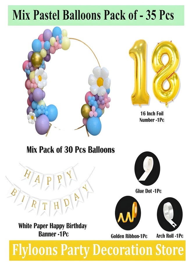 Flyloons 18th Happy Birthday Decoration Multicolor Theme for Boys Girls| Multi Color| Multicolour Balloons| 30 Pcs Mix Balloons Packets| White Happy Birthday Paper Banner| Arch Tape| Glue Dots - Image 2